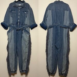 L’ATISTE BY AMY Boho Retro 80s Two Toned Fringe Belted Denim Jumpsuit Romper
